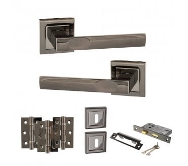 STATUS Kansas Door Handle Lock Pack (3 Ball Bearing Hinges x3) - Black Nickel