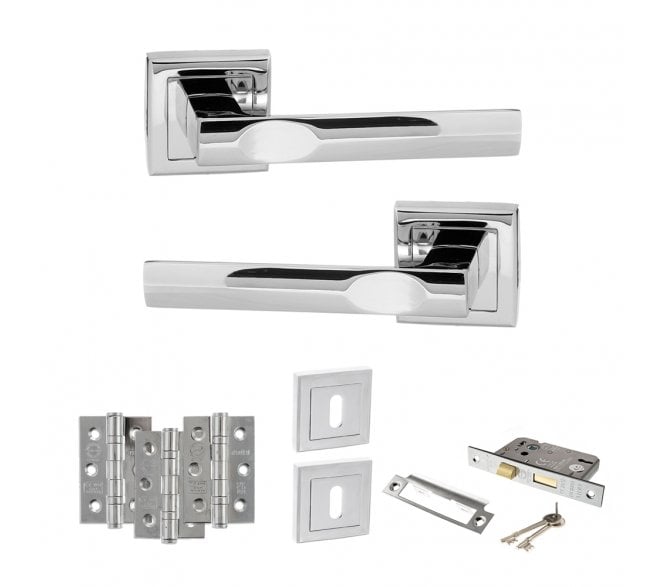 STATUS Kansas Door Handle Lock Pack (3 Ball Bearing Hinges x3) - Polished Chrome