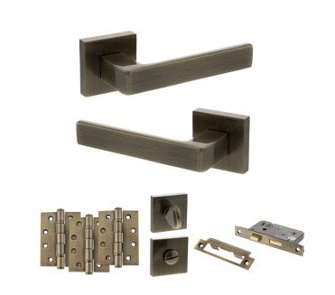 STATUS Montana Door Handle Bathroom Pack (4 Fire Rated Hinges x3) - Antique Brass