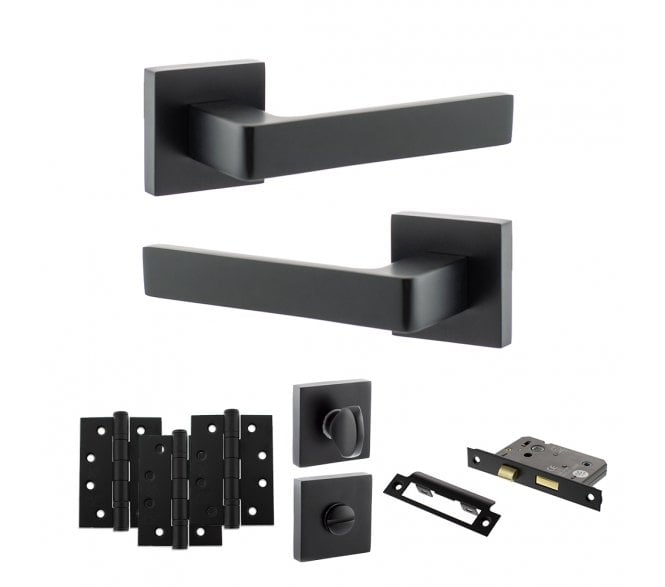 STATUS Montana Door Handle Bathroom Pack (4 Fire Rated Hinges x3) - Matt Black