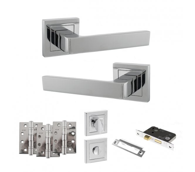 STATUS Montana Door Handle Bathroom Pack (4 Fire Rated Hinges x3) - Polished Chrome