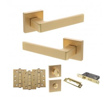 STATUS Montana Door Handle Bathroom Pack (4 Fire Rated Hinges x3) - Satin Brass