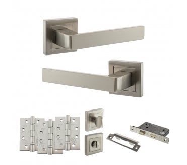 STATUS Montana Door Handle Bathroom Pack (4 Fire Rated Hinges x3) - Satin Nickel