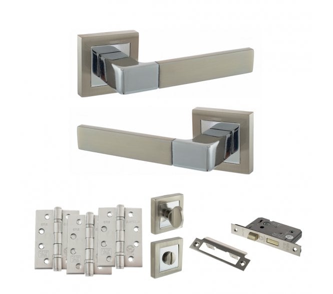 STATUS Montana Door Handle Bathroom Pack (4 Fire Rated Hinges x3) - Satin Nickel/Polished Chrome