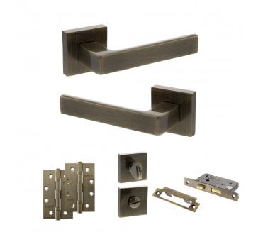 STATUS Montana Door Handle Bathroom Pack (4 Slim Knuckle Hinges x2) - Antique Brass