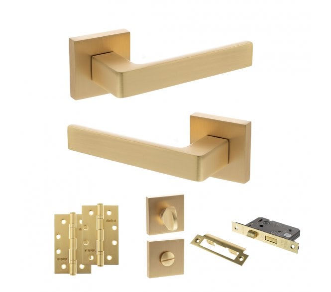STATUS Montana Door Handle Bathroom Pack (4 Slim Knuckle Hinges x2) - Satin Brass