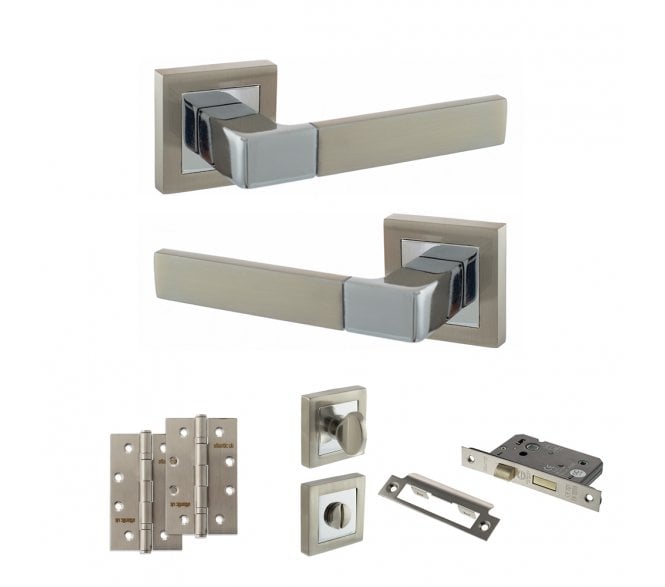 STATUS Montana Door Handle Bathroom Pack (4 Slim Knuckle Hinges x2) - Satin Nickel/Polished Chrome