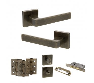 STATUS Montana Door Handle Bathroom Pack (3 Ball Bearing Hinges x3) - Antique Brass