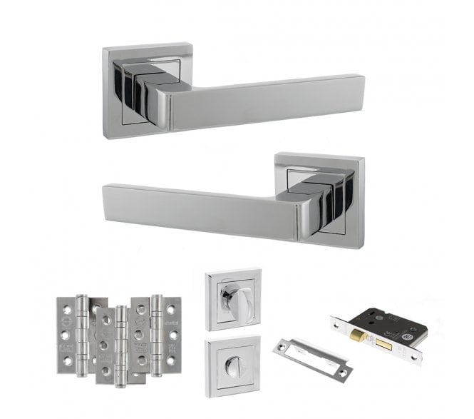 STATUS Montana Door Handle Bathroom Pack (3 Ball Bearing Hinges x3) - Polished Chrome
