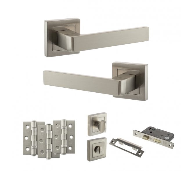 STATUS Montana Door Handle Bathroom Pack (3 Ball Bearing Hinges x3) - Satin Nickel