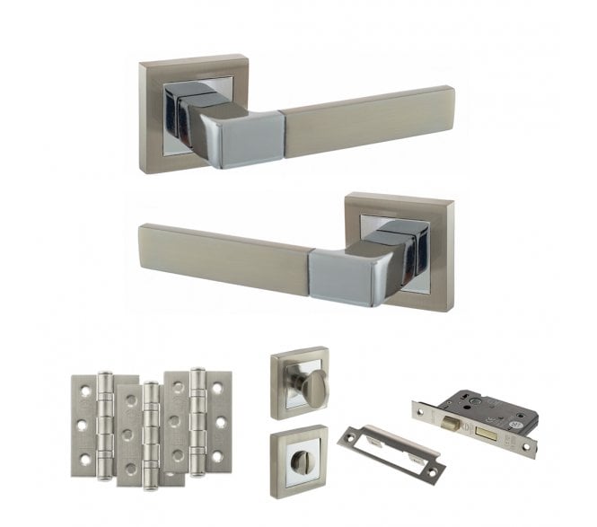 STATUS Montana Door Handle Bathroom Pack (3 Ball Bearing Hinges x3) - Satin Nickel/Polished Chrome