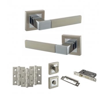 STATUS Montana Door Handle Bathroom Pack (3 Ball Bearing Hinges x3) - Satin Nickel/Polished Chrome