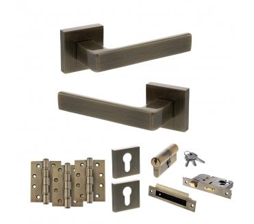 STATUS Montana Door Handle Euro Profile Lock Pack (4 Fire Rated Hinges x3) - Antique Brass