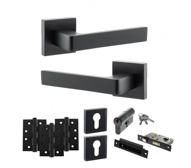 STATUS Montana Door Handle Euro Profile Lock Pack (4 Fire Rated Hinges x3) - Matt Black