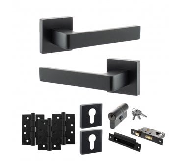 STATUS Montana Door Handle Euro Profile Lock Pack (4 Fire Rated Hinges x3) - Matt Black