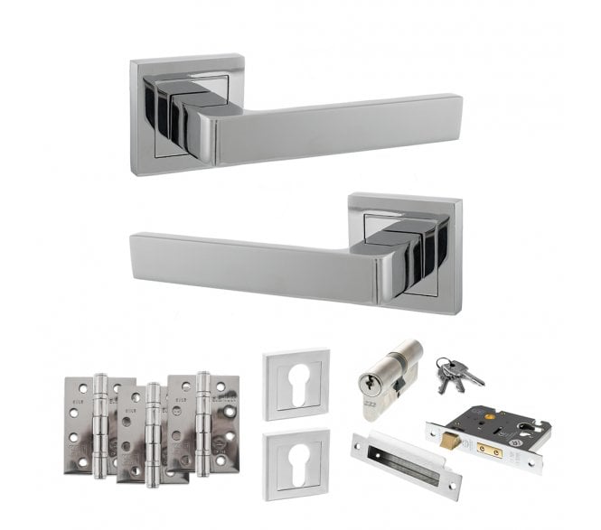 STATUS Montana Door Handle Euro Profile Lock Pack (4 Fire Rated Hinges x3) - Polished Chrome