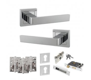 STATUS Montana Door Handle Euro Profile Lock Pack (4 Fire Rated Hinges x3) - Polished Chrome