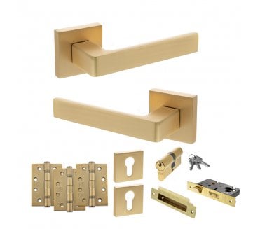 STATUS Montana Door Handle Euro Profile Lock Pack (4 Fire Rated Hinges x3) - Satin Brass