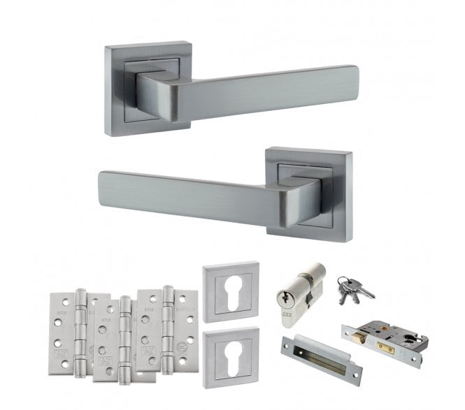 STATUS Montana Door Handle Euro Profile Lock Pack (4 Fire Rated Hinges x3) - Satin Chrome