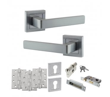 STATUS Montana Door Handle Euro Profile Lock Pack (4 Fire Rated Hinges x3) - Satin Chrome