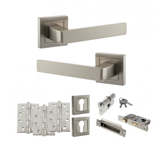 STATUS Montana Door Handle Euro Profile Lock Pack (4 Fire Rated Hinges x3) - Satin Nickel