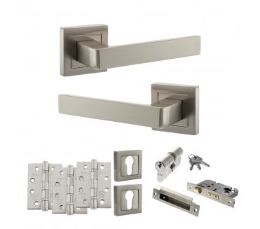 STATUS Montana Door Handle Euro Profile Lock Pack (4 Fire Rated Hinges x3) - Satin Nickel