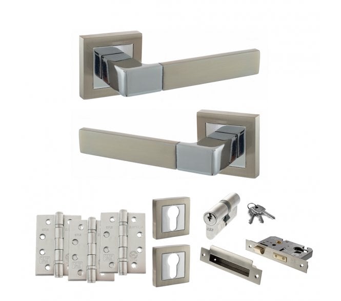 STATUS Montana Door Handle Euro Profile Lock Pack (4 Fire Rated Hinges x3) - Satin Nickel/Polished Chrome