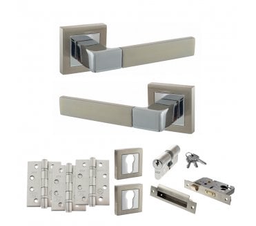 STATUS Montana Door Handle Euro Profile Lock Pack (4 Fire Rated Hinges x3) - Satin Nickel/Polished Chrome