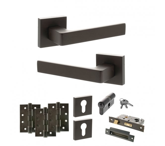STATUS Montana Door Handle Euro Profile Lock Pack (4 Fire Rated Hinges x3) - Urban Dark Bronze