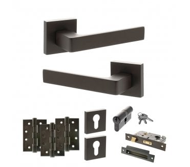 STATUS Montana Door Handle Euro Profile Lock Pack (4 Fire Rated Hinges x3) - Urban Dark Bronze
