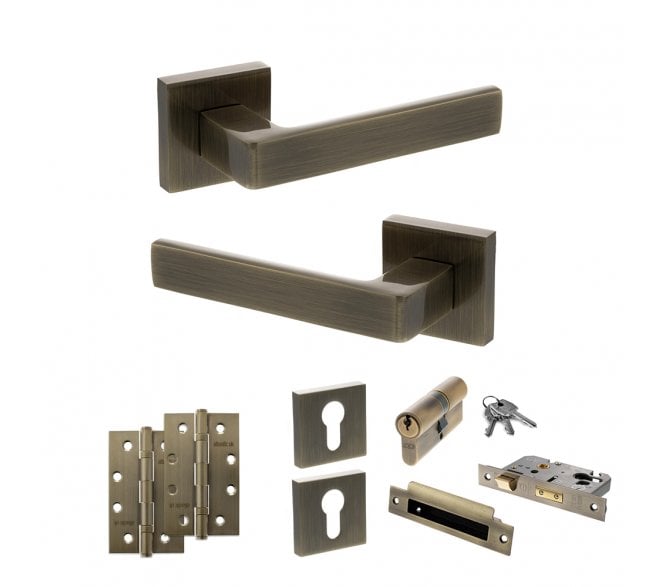 STATUS Montana Door Handle Euro Profile Lock Pack (4 Slim Knuckle Hinges x2) - Antique Brass