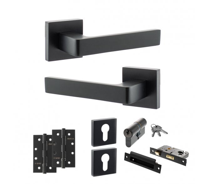 STATUS Montana Door Handle Euro Profile Lock Pack (4 Slim Knuckle Hinges x2) - Matt Black