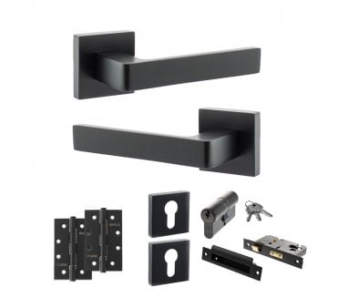 STATUS Montana Door Handle Euro Profile Lock Pack (4 Slim Knuckle Hinges x2) - Matt Black