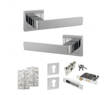 STATUS Montana Door Handle Euro Profile Lock Pack (4 Slim Knuckle Hinges x2) - Polished Chrome