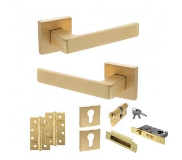 STATUS Montana Door Handle Euro Profile Lock Pack (4 Slim Knuckle Hinges x2) - Satin Brass