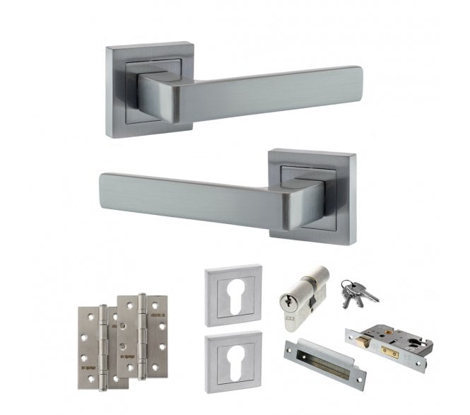 STATUS Montana Door Handle Euro Profile Lock Pack (4 Slim Knuckle Hinges x2) - Satin Chrome