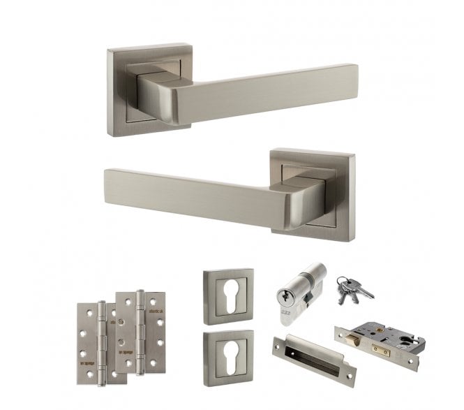 STATUS Montana Door Handle Euro Profile Lock Pack (4 Slim Knuckle Hinges x2) - Satin Nickel