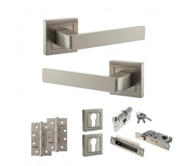 STATUS Montana Door Handle Euro Profile Lock Pack (4 Slim Knuckle Hinges x2) - Satin Nickel