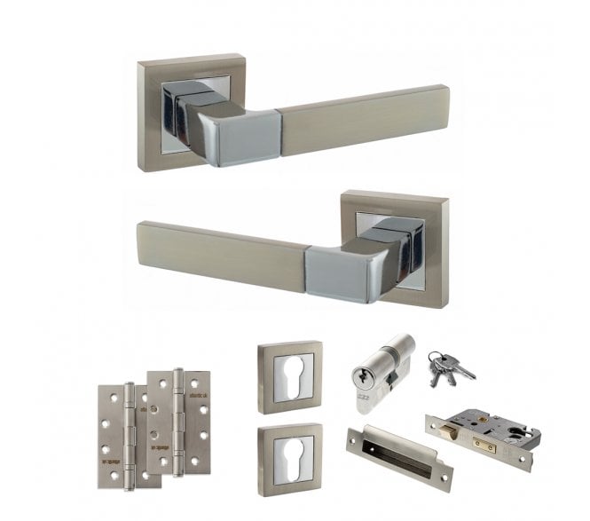 STATUS Montana Door Handle Euro Profile Lock Pack (4 Slim Knuckle Hinges x2) - Satin Nickel/Polished Chrome