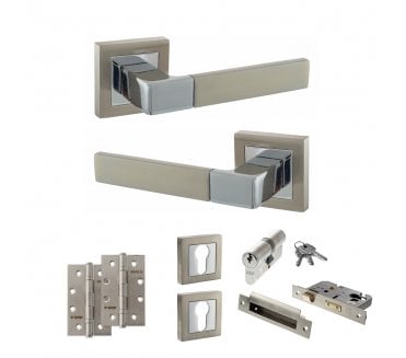STATUS Montana Door Handle Euro Profile Lock Pack (4 Slim Knuckle Hinges x2) - Satin Nickel/Polished Chrome