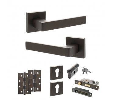 STATUS Montana Door Handle Euro Profile Lock Pack (4 Slim Knuckle Hinges x2) - Urban Dark Bronze