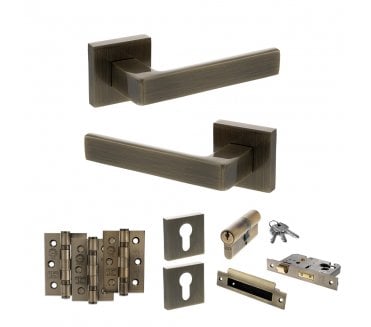 STATUS Montana Door Handle Euro Profile Lock Pack (3 Ball Bearing Hinges x3) - Antique Brass