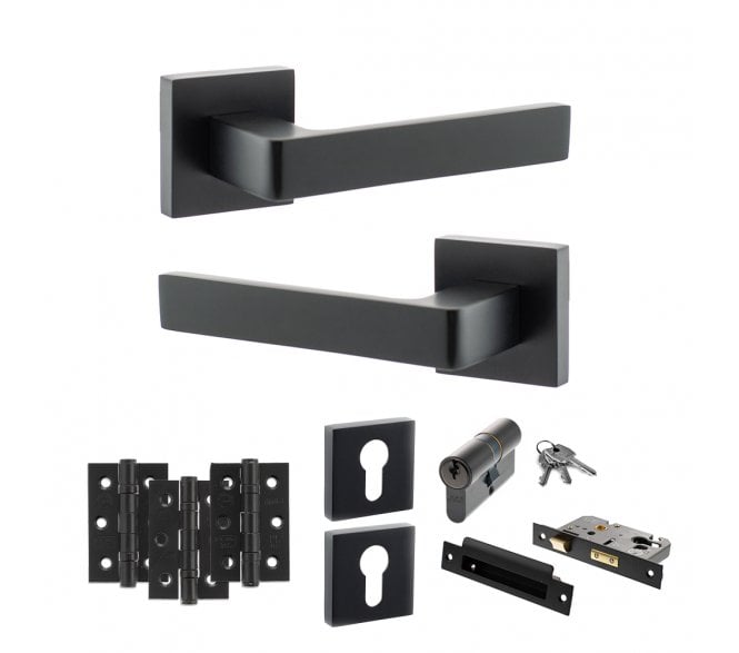 STATUS Montana Door Handle Euro Profile Lock Pack (3 Ball Bearing Hinges x3) - Matt Black