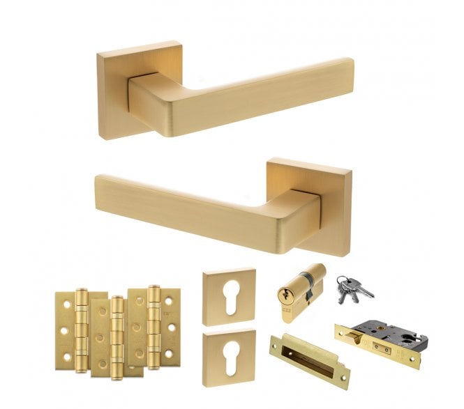 STATUS Montana Door Handle Euro Profile Lock Pack (3 Ball Bearing Hinges x3) - Satin Brass