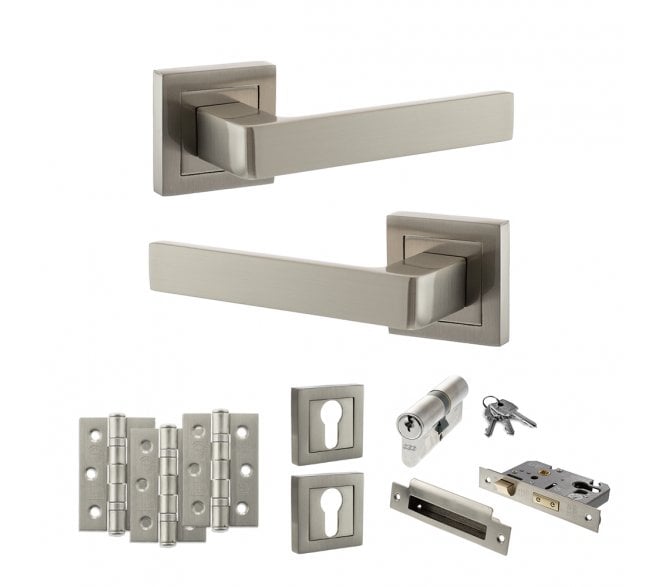 STATUS Montana Door Handle Euro Profile Lock Pack (3 Ball Bearing Hinges x3) - Satin Nickel