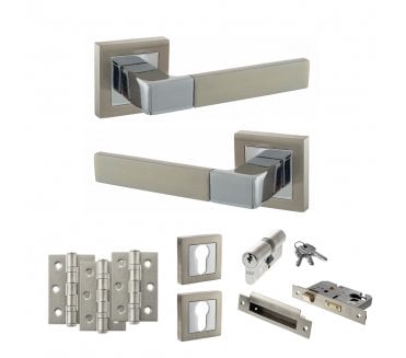 STATUS Montana Door Handle Euro Profile Lock Pack (3 Ball Bearing Hinges x3) - Satin Nickel/Polished Chrome