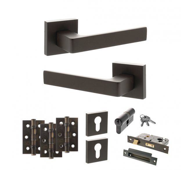 STATUS Montana Door Handle Euro Profile Lock Pack (3 Ball Bearing Hinges x3) - Urban Dark Bronze