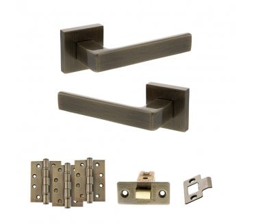STATUS Montana Door Handle Latch Pack (4 Fire Rated Hinges x3) - Antique Brass