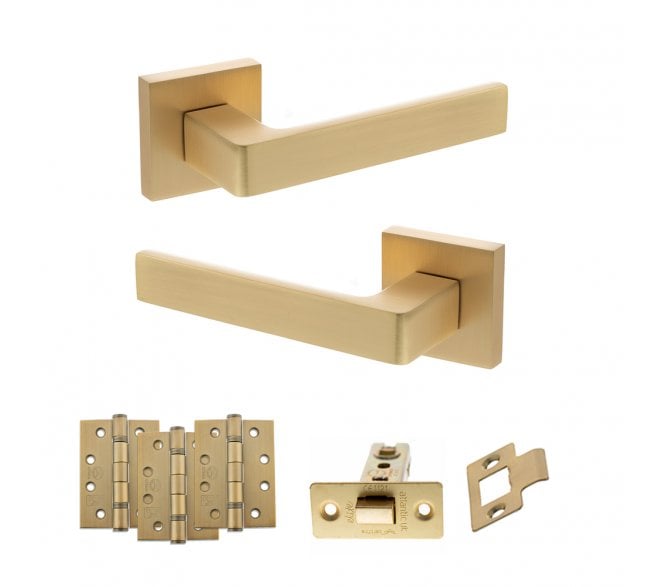 STATUS Montana Door Handle Latch Pack (4 Fire Rated Hinges x3) - Satin Brass