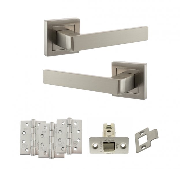 STATUS Montana Door Handle Latch Pack (4 Fire Rated Hinges x3) - Satin Nickel